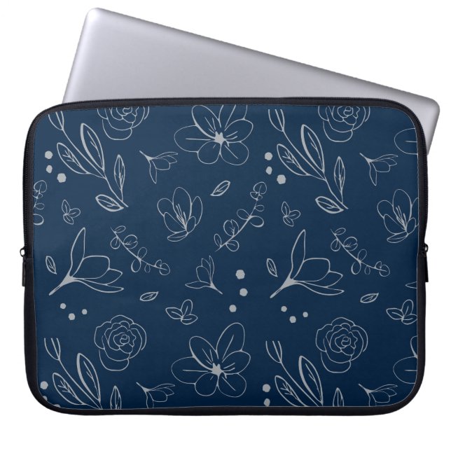 Housse Pour Ordinateur Portable Illustration florale bleu marine moderne (Devant)