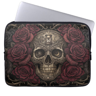 Housse Pour Ordinateur Portable Illustration gothique de crâne complexe et de rose