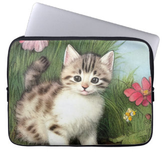 Housse Pour Ordinateur Portable Illustration vintage de chat avec Fleurs rouges