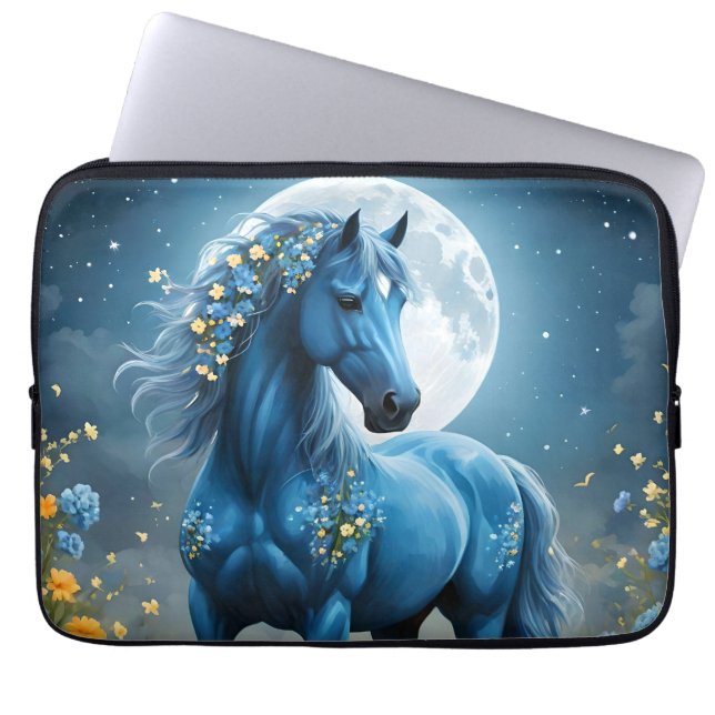 Housse Pour Ordinateur Portable Imaginaire Bleu Magique Cheval Lune Fleurs, (Devant)