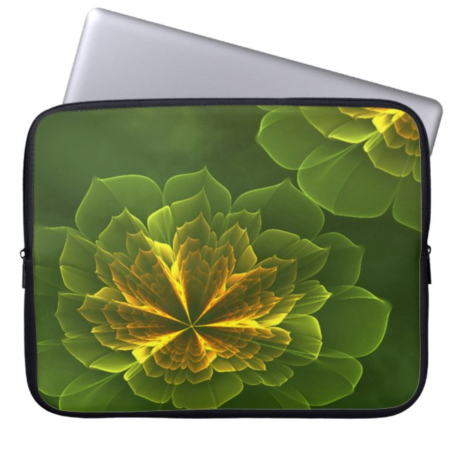 Housse Pour Ordinateur Portable Imaginaire Vert Jaune Fleurs fractales (Devant)