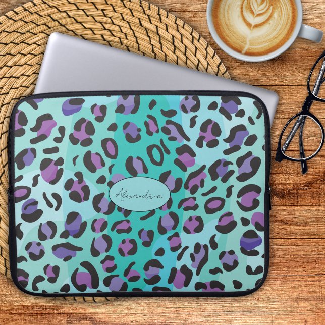 Housse Pour Ordinateur Portable Imprimé léopard bleu et violet Monogramme  (Créateur téléchargé)