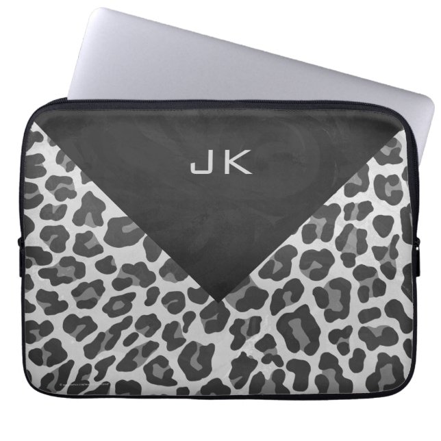 Housse Pour Ordinateur Portable Imprimé léopard noir et blanc monogramme (Devant)