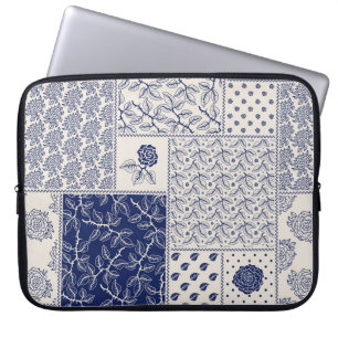 Housse Pour Ordinateur Portable Indigo Bleu Beige Floral Patchwork