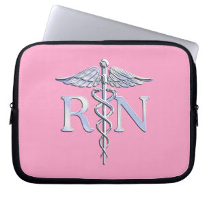 Housse Pour Ordinateur Portable Infirmière inscrite RN Caduceus sur Décor rose
