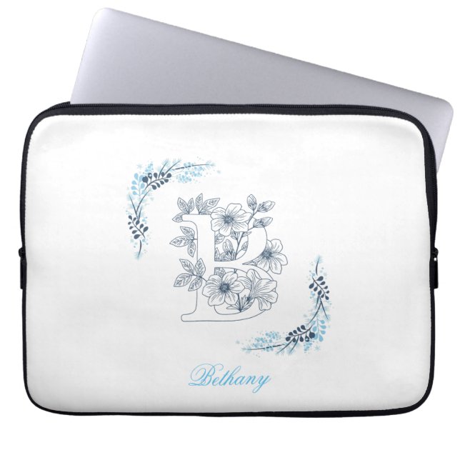 Housse Pour Ordinateur Portable Initiale "B" Monogramme bleu Calme Floral (Devant)