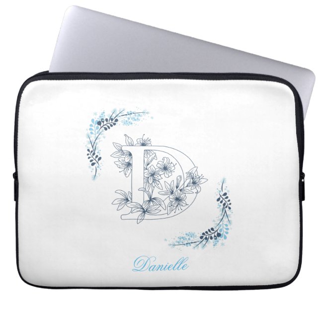 Housse Pour Ordinateur Portable Initiale "D" Monogramme bleu Calme Floral (Devant)