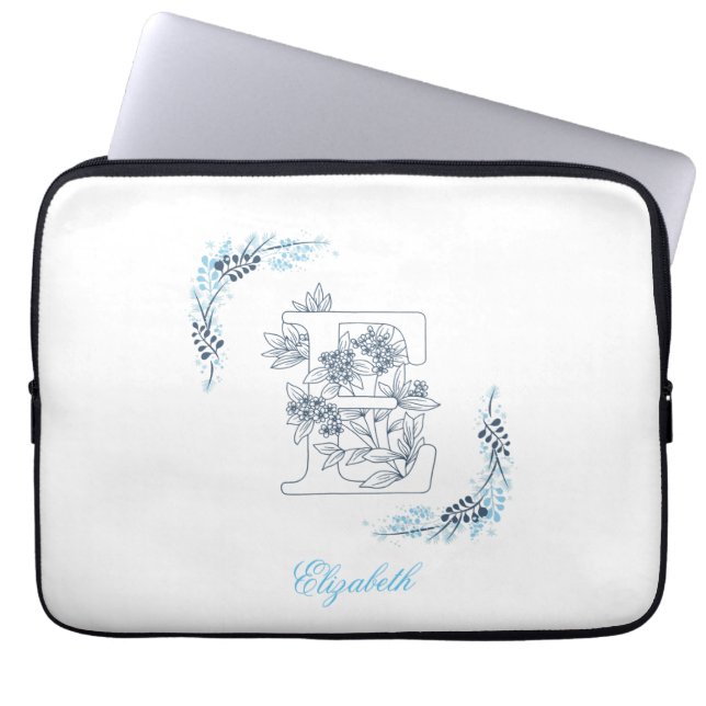 Housse Pour Ordinateur Portable Initiale "E" Monogramme bleu Calme Floral (Devant)