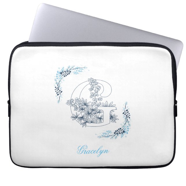 Housse Pour Ordinateur Portable Initiale "G" Monogramme bleu Calme Floral (Devant)
