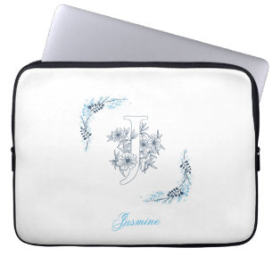 Housse Pour Ordinateur Portable Initiale "J" Monogramme bleu Calme Floral