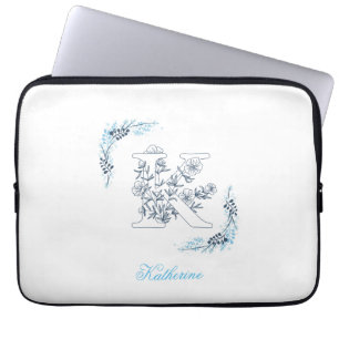 Housse Pour Ordinateur Portable Initiale "K" Blue Monogram Calme Floral
