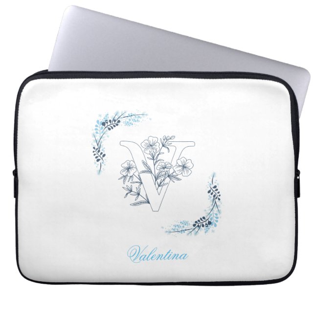 Housse Pour Ordinateur Portable Initiale "V" Monogramme bleu Calme Floral (Devant)