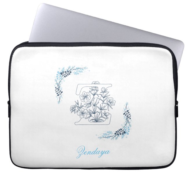Housse Pour Ordinateur Portable Initiale "Z" Monogramme bleu Calme Floral (Devant)