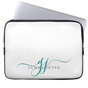 Housse Pour Ordinateur Portable Initiales Monogramme de script vert minimaliste