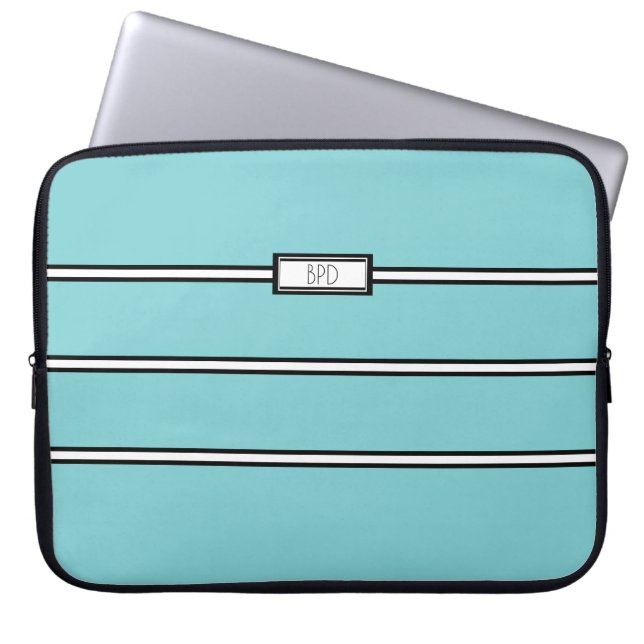 Housse Pour Ordinateur Portable Initiales Turquoises en noir blanc monogrammes (Devant)