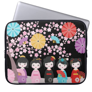 Housse Pour Ordinateur Portable Japonais Kokeshi Dolls Noir