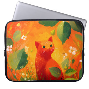 Housse Pour Ordinateur Portable Jardin de fleurs sauvages au chat rouge fantaisist