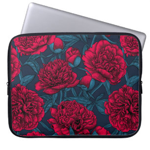 Housse Pour Ordinateur Portable Jardin de pivoine rouge sur bleu foncé