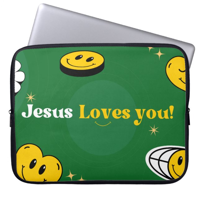 Housse Pour Ordinateur Portable "Jésus t'aime" Smiley Vert Pour Chrétiens (Devant)
