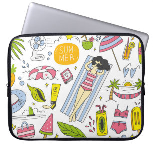 Housse Pour Ordinateur Portable Jeu de doodle d'été sur blanc arrière - plan vinta