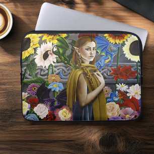 Housse Pour Ordinateur Portable Jeune Fée Dragon Enchantée Jardin Fleur Fantasy