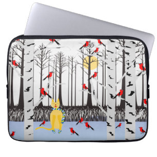 Housse Pour Ordinateur Portable Joie d'hiver - Chat avec foulard Birch Trees Cardi