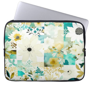 Housse Pour Ordinateur Portable Joli Art folklorique Fleurs blanches et turquoise