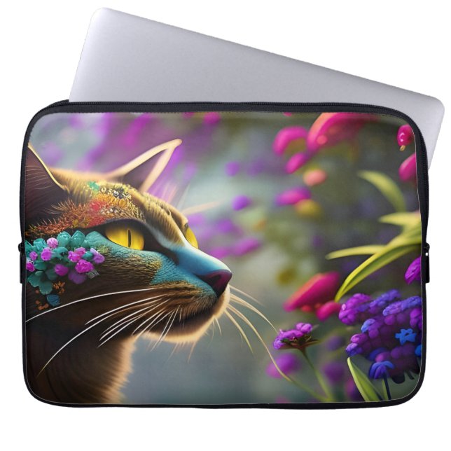 Housse Pour Ordinateur Portable Joli chat à fleurs d'Imaginaire (Devant)