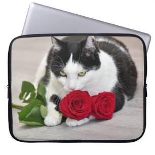 Housse Pour Ordinateur Portable Joli chat avec la rose rouge