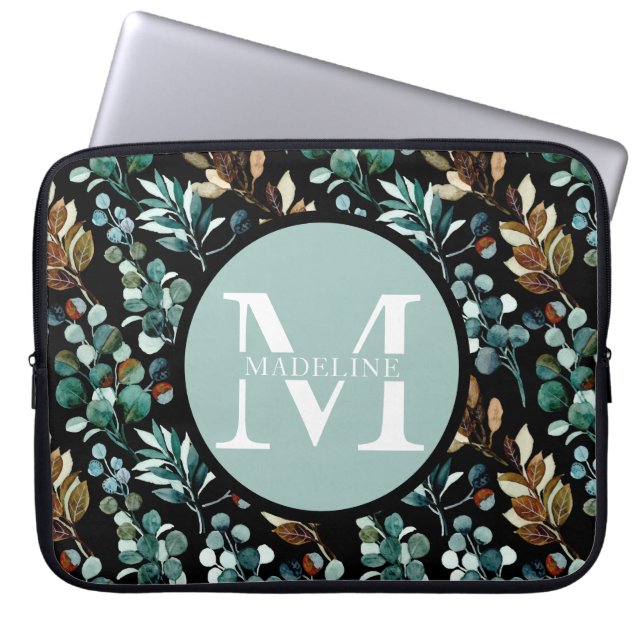 Housse Pour Ordinateur Portable Joli Monogramme Floral Moderne Nom + Initiales (Devant)