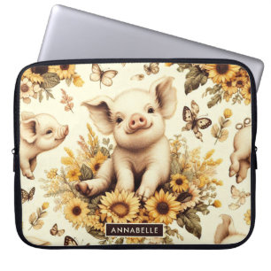 Housse Pour Ordinateur Portable Joli Motif de cochon de tournesol Vintage