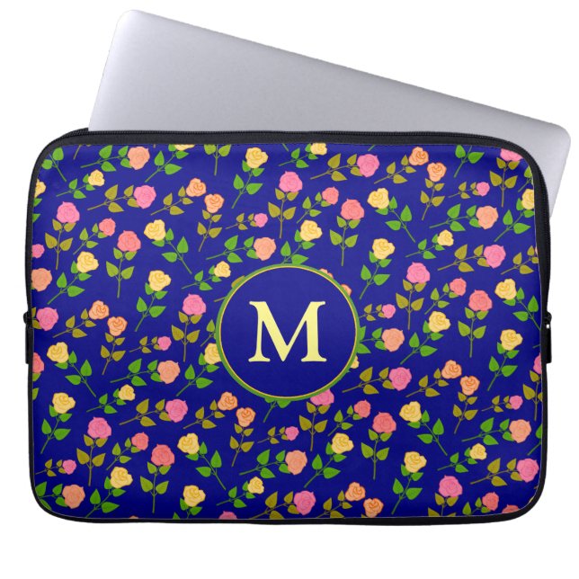 Housse Pour Ordinateur Portable Joli motif de rose bleue monogramme (Devant)