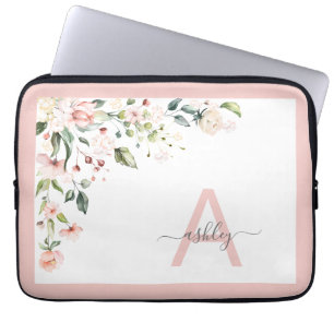 Housse Pour Ordinateur Portable Joli rose Floral Script Monogramme Nom initial