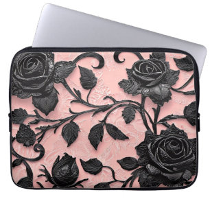 Housse Pour Ordinateur Portable Joli Roses noirs sur un Arrière - plan rose