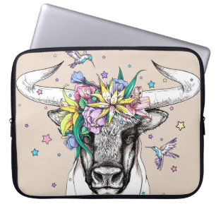 Housse Pour Ordinateur Portable Joli taureau de dessin animé dans une couronne fle