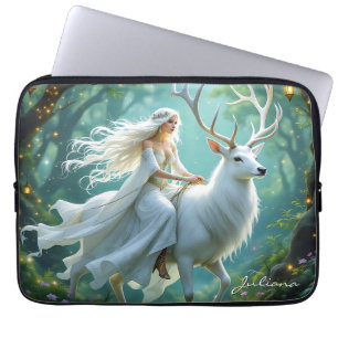 Housse Pour Ordinateur Portable Jolie Fée et Cerf Blanc dans la Forêt Enchantée