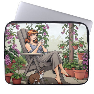 Housse Pour Ordinateur Portable Jolie femme buvant du café, son chien et Plantes