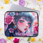 Housse Pour Ordinateur Portable Jolie fille Anime aux yeux bleus Personnalisé<br><div class="desc">Couverture personnalisée pour tablette. Belle fille aux yeux bleus et aux cheveux bleus entourée de fleurs roses et bleues. Plutôt floral et animé sur le thème de l'art numérique ai.</div>