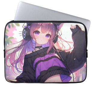 Housse Pour Ordinateur Portable Jolie fille Anime dans casque avec oreilles de cha
