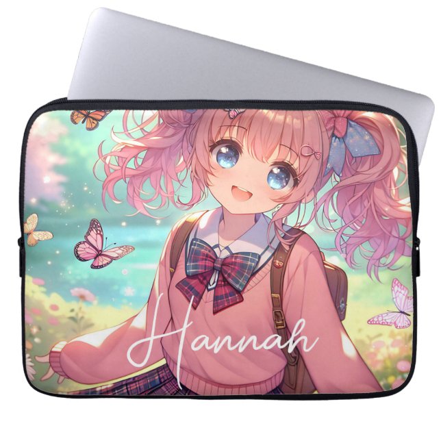 Housse Pour Ordinateur Portable Jolie fille Anime en Pigtails Roses (Devant)