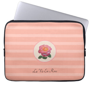 Housse Pour Ordinateur Portable Jolie fleur de rose sur rayures rose corail