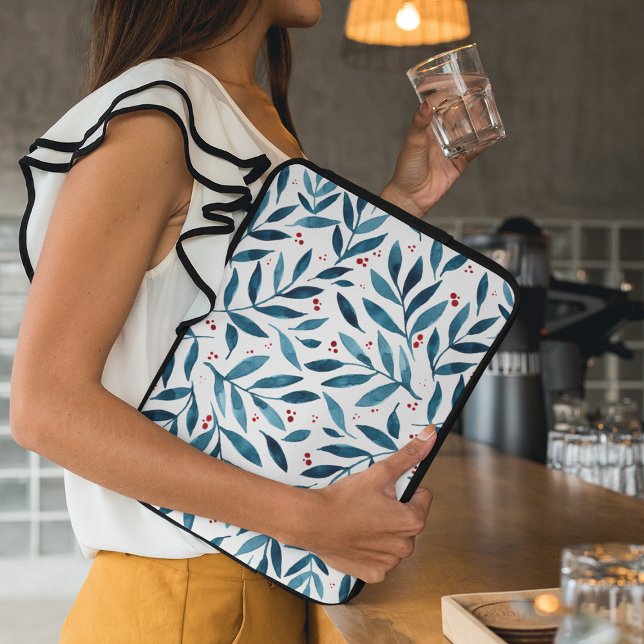 Housse Pour Ordinateur Portable Jolies branches d'aquarelle - turquoise et rouge (Créateur téléchargé)