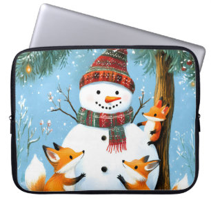 Housse Pour Ordinateur Portable Jolis renards et bonhomme de neige de la forêt hiv