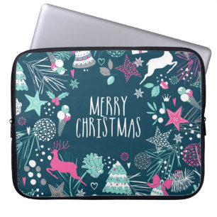 Housse Pour Ordinateur Portable Joyeuse carte de Noël avec flocons de neige et sym