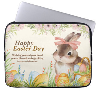 Housse Pour Ordinateur Portable Joyeuse fête de Pâques au lapin floral aquarelle a