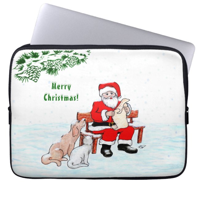 Housse Pour Ordinateur Portable Joyeux Noël! Père Noël avec chat et chien (Devant)