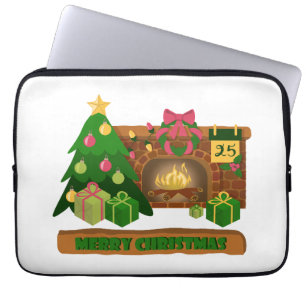 Housse Pour Ordinateur Portable Joyeux Noël près de la cheminée bonfire xmas arbre