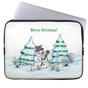 Housse Pour Ordinateur Portable Joyeux Noël ! Snowman avec chat et chiot