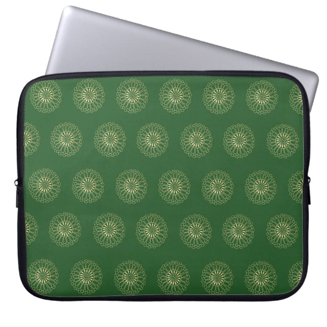 Housse Pour Ordinateur Portable Kelly Green | Golden Zinnia Flower Medallions (Devant)