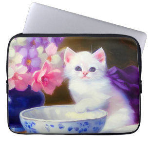 Housse Pour Ordinateur Portable Kitten blanc vintage avec ruban violet